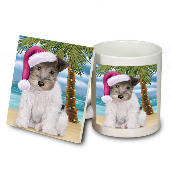 Summertime Happy Holidays Christmas Wire Fox Terrier Dog on Tropical Island Beach Mug and Coaster Set MUC54462