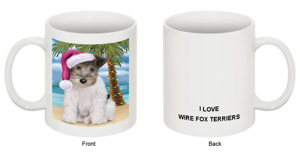 Summertime Happy Holidays Christmas Wire Fox Terrier Dog on Tropical Island Beach Coffee Mug MUG49868