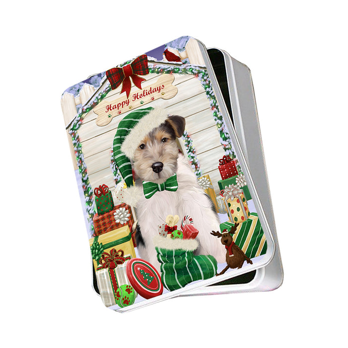 Happy Holidays Christmas Wire Fox Terrier Dog With Presents Photo Storage Tin PITN52699