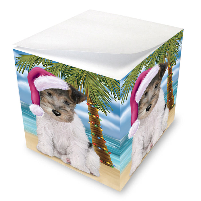 Summertime Happy Holidays Christmas Wire Fox Terrier Dog on Tropical Island Beach Note Cube NOC56116