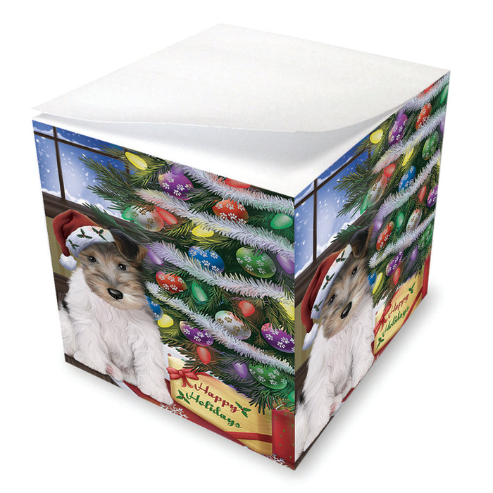 Christmas Happy Holidays Wire Fox Terrier Dog with Tree and Presents Note Cube NOC55127