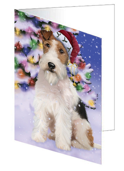 Winterland Wonderland Wire Fox Terrier Dog In Christmas Holiday Scenic Background Handmade Artwork Assorted Pets Greeting Cards and Note Cards with Envelopes for All Occasions and Holiday Seasons GCD65399
