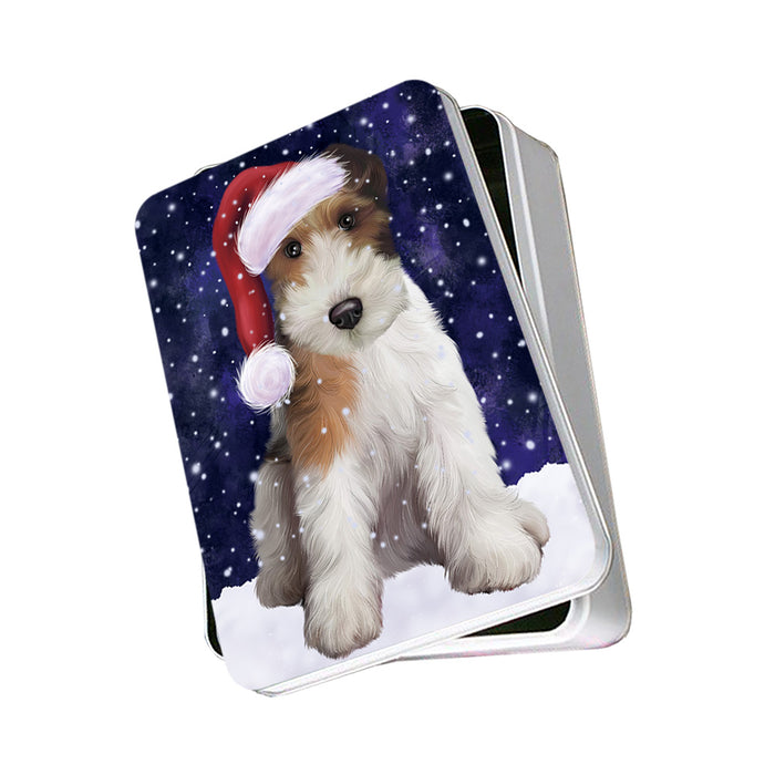 Let it Snow Christmas Holiday Wire Fox Terrier Dog Wearing Santa Hat Photo Storage Tin PITN54279