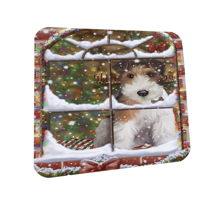 Please Come Home For Christmas Wire Fox Terrier Dog Sitting In Window Coasters Set of 4 CST53613