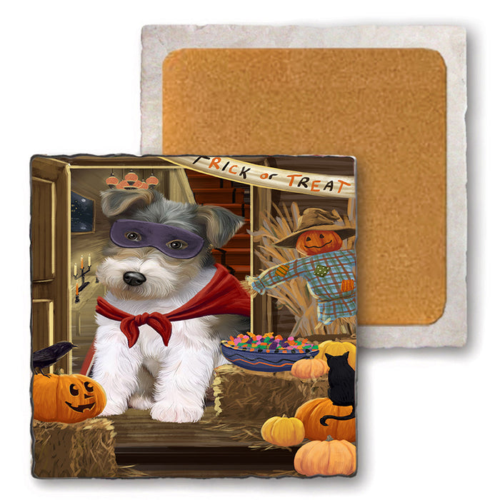 Enter at Own Risk Trick or Treat Halloween Wire Fox Terrier Dog Set of 4 Natural Stone Marble Tile Coasters MCST48345