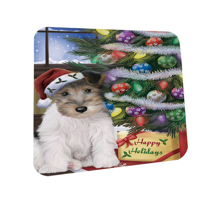 Christmas Happy Holidays Wire Fox Terrier Dog with Tree and Presents Coasters Set of 4 CST53439