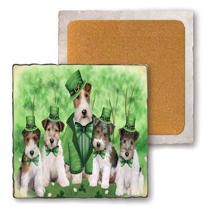 St. Patricks Day Irish Portrait Wire Fox Terrier Dogs Set of 4 Natural Stone Marble Tile Coasters MCST52061