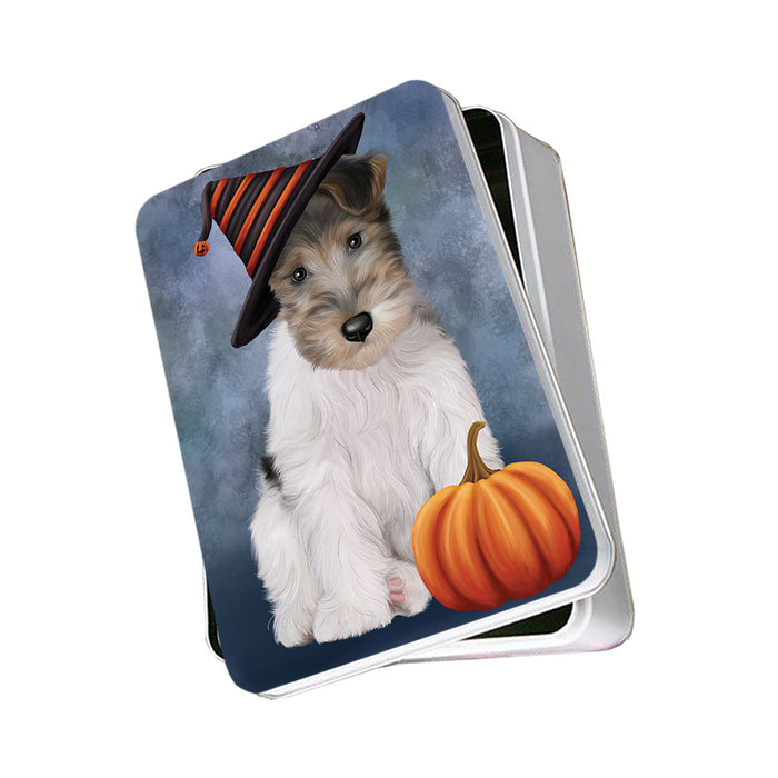 Happy Halloween Wire Fox Terrier Dog Wearing Witch Hat with Pumpkin Photo Storage Tin PITN54696