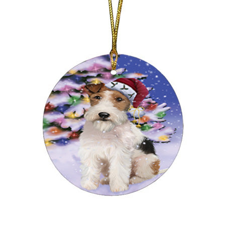 Winterland Wonderland Wire Fox Terrier Dog In Christmas Holiday Scenic Background Round Flat Christmas Ornament RFPOR53781