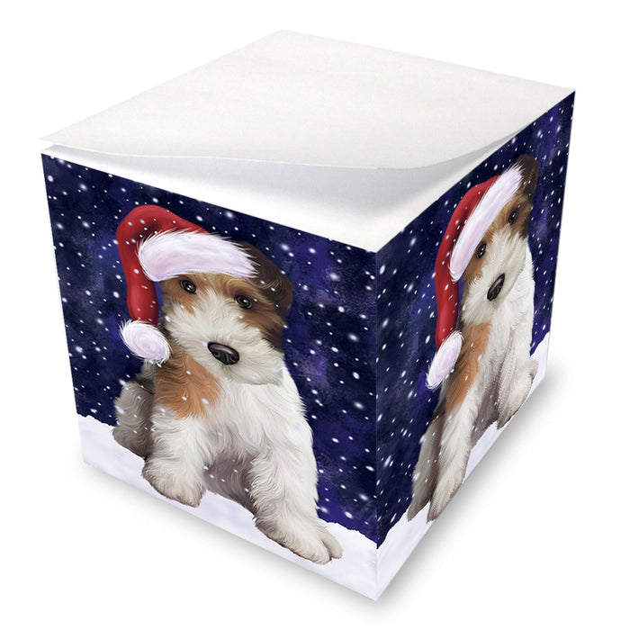 Let it Snow Christmas Holiday Wire Fox Terrier Dog Wearing Santa Hat Note Cube NOC55982