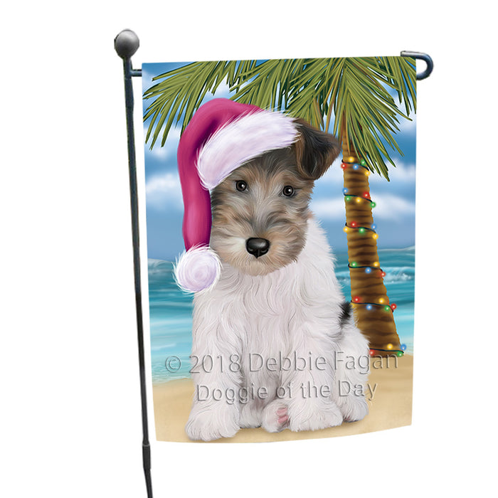 Summertime Happy Holidays Christmas Wire Fox Terrier Dog on Tropical Island Beach Garden Flag GFLG54660