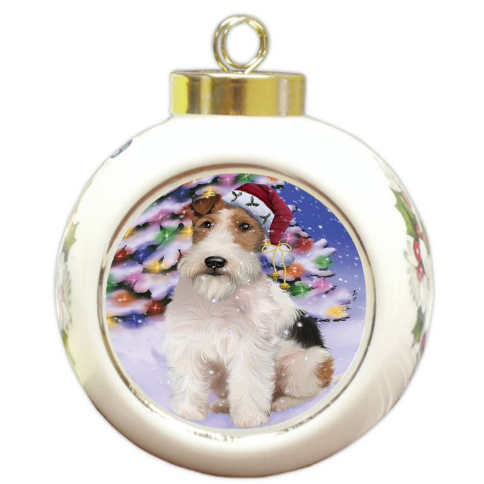 Winterland Wonderland Wire Fox Terrier Dog In Christmas Holiday Scenic Background Round Ball Christmas Ornament RBPOR53790