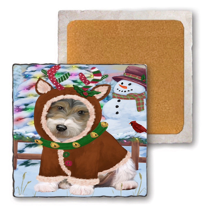 Christmas Gingerbread House Candyfest Wire Fox Terrier Dog Set of 4 Natural Stone Marble Tile Coasters MCST51601