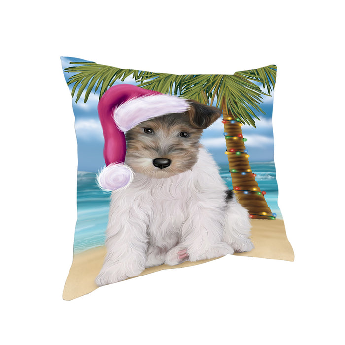 Summertime Happy Holidays Christmas Wire Fox Terrier Dog on Tropical Island Beach Pillow PIL75016