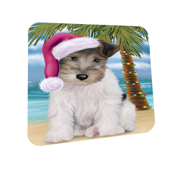 Summertime Happy Holidays Christmas Wire Fox Terrier Dog on Tropical Island Beach Coasters Set of 4 CST54428