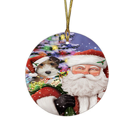 Santa Carrying Wire Fox Terrier Dog and Christmas Presents Round Flat Christmas Ornament RFPOR53703