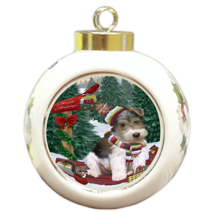 Merry Christmas Woodland Sled Wire Fox Terrier Dog Round Ball Christmas Ornament RBPOR55430