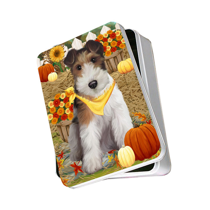 Fall Autumn Greeting Wire Fox Terrier Dog with Pumpkins Photo Storage Tin PITN52358