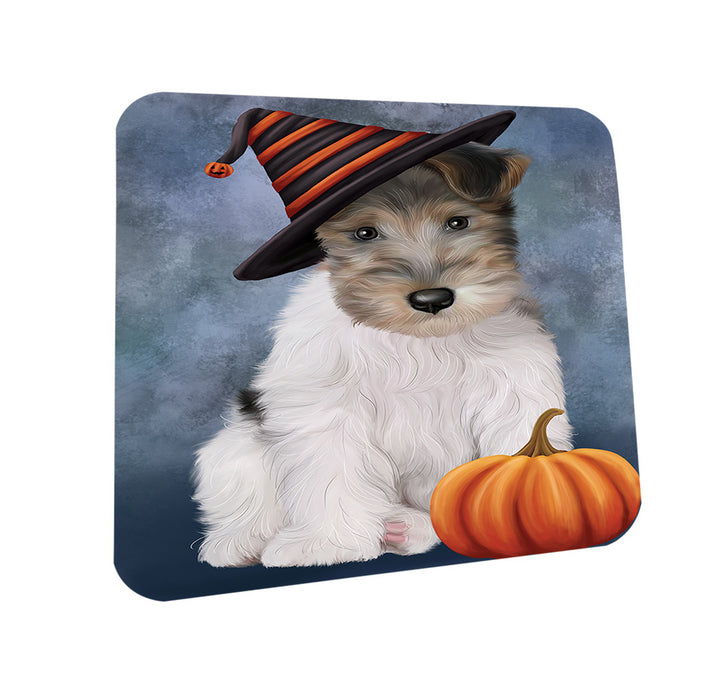 Happy Halloween Wire Fox Terrier Dog Wearing Witch Hat with Pumpkin Coasters Set of 4 CST54711