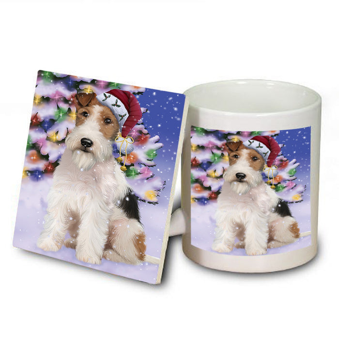 Winterland Wonderland Wire Fox Terrier Dog In Christmas Holiday Scenic Background Mug and Coaster Set MUC53782