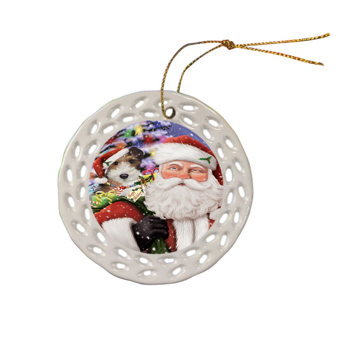 Santa Carrying Wire Fox Terrier Dog and Christmas Presents Ceramic Doily Ornament DPOR53712