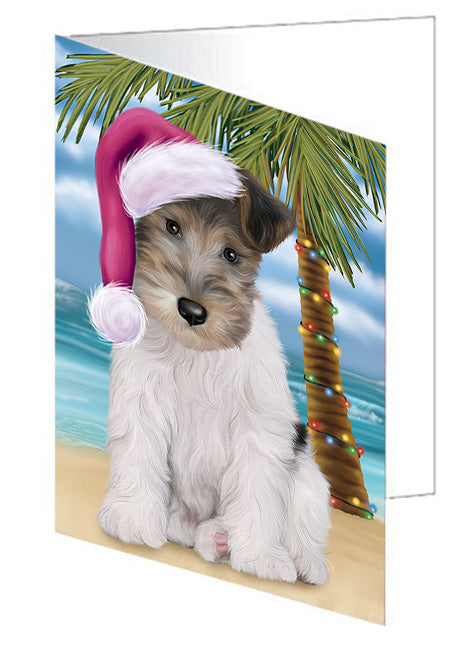 Summertime Happy Holidays Christmas Wire Fox Terrier Dog on Tropical Island Beach Handmade Artwork Assorted Pets Greeting Cards and Note Cards with Envelopes for All Occasions and Holiday Seasons GCD67823