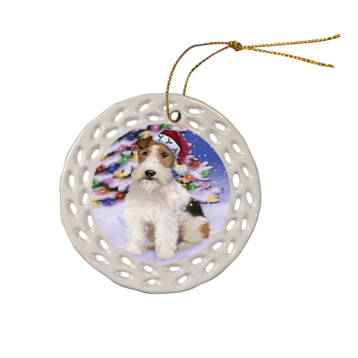 Winterland Wonderland Wire Fox Terrier Dog In Christmas Holiday Scenic Background Ceramic Doily Ornament DPOR53790