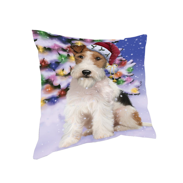 Winterland Wonderland Wire Fox Terrier Dog In Christmas Holiday Scenic Background Pillow PIL71784