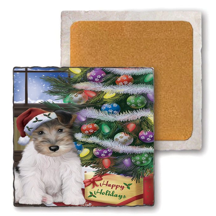 Christmas Happy Holidays Wire Fox Terrier Dog with Tree and Presents Set of 4 Natural Stone Marble Tile Coasters MCST48481