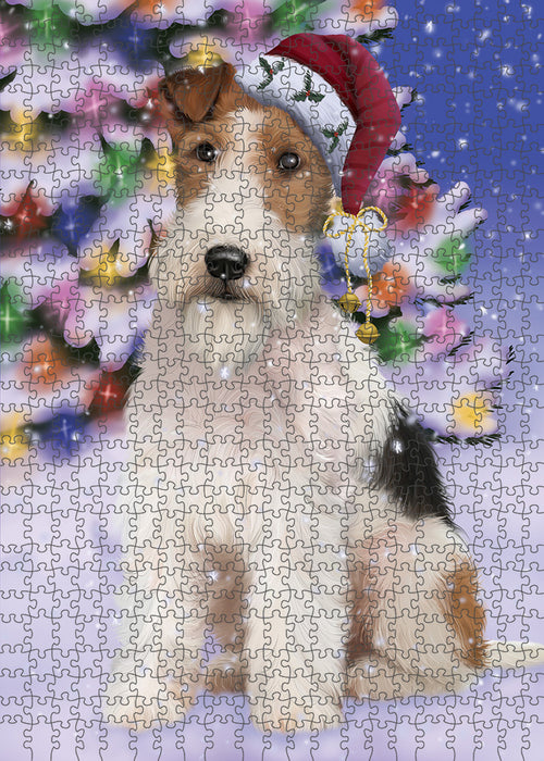 Winterland Wonderland Wire Fox Terrier Dog In Christmas Holiday Scenic Background Puzzle with Photo Tin PUZL82316