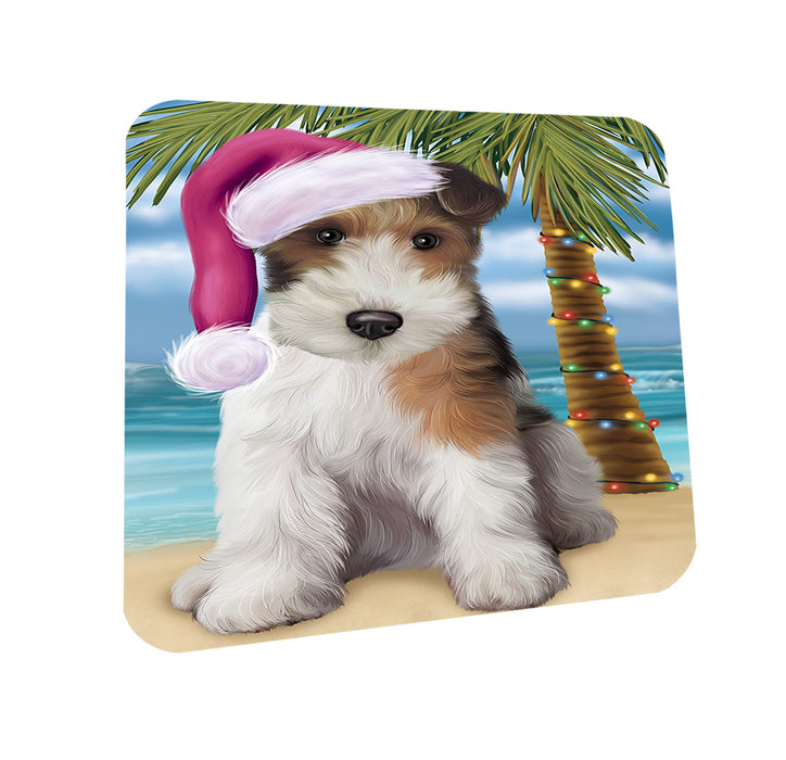 Summertime Happy Holidays Christmas Wire Fox Terrier Dog on Tropical Island Beach Coasters Set of 4 CST54429