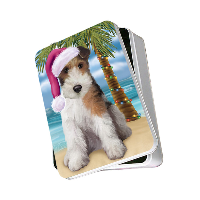 Summertime Happy Holidays Christmas Wire Fox Terrier Dog on Tropical Island Beach Photo Storage Tin PITN54414