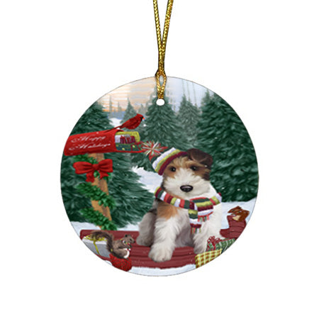 Merry Christmas Woodland Sled Wire Fox Terrier Dog Round Flat Christmas Ornament RFPOR55431