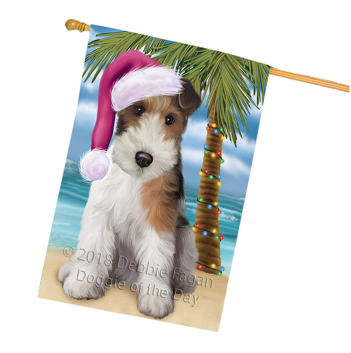 Summertime Happy Holidays Christmas Wire Fox Terrier Dog on Tropical Island Beach House Flag FLG54797