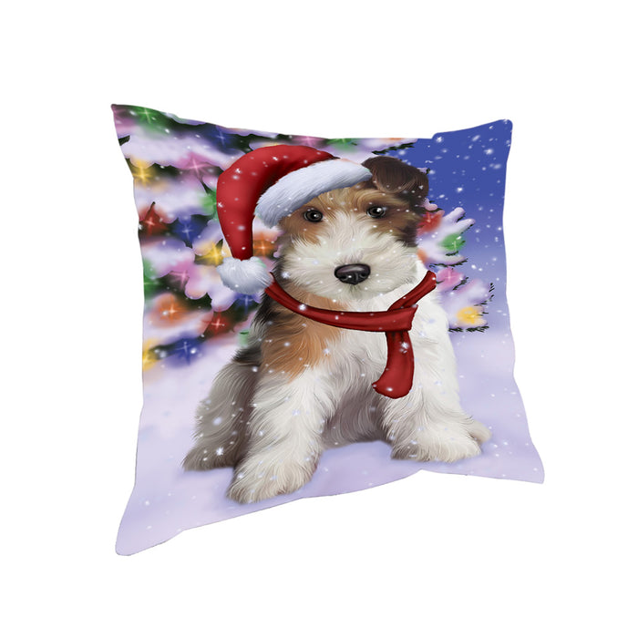 Winterland Wonderland Wire Fox Terrier Dog In Christmas Holiday Scenic Background Pillow PIL71788