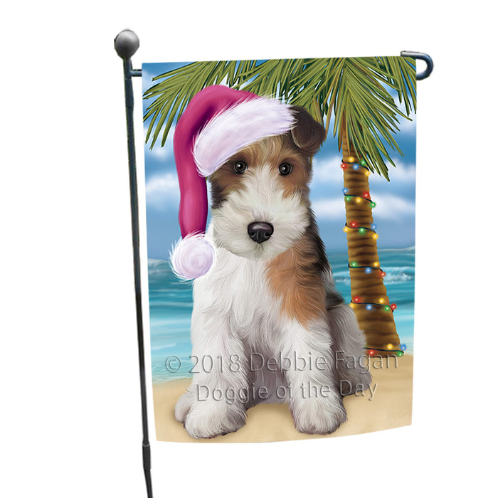 Summertime Happy Holidays Christmas Wire Fox Terrier Dog on Tropical Island Beach Garden Flag GFLG54661