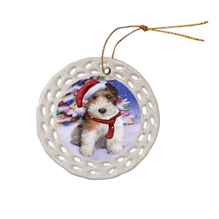 Winterland Wonderland Wire Fox Terrier Dog In Christmas Holiday Scenic Background Ceramic Doily Ornament DPOR53791