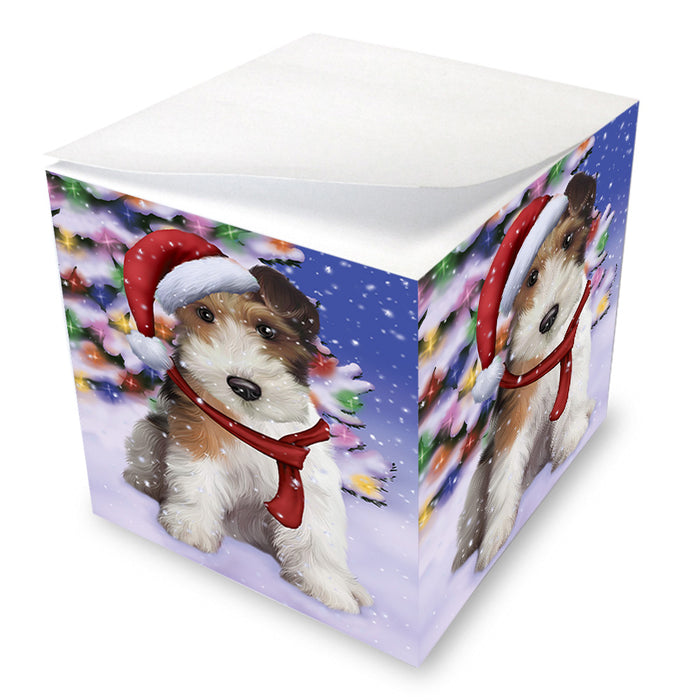 Winterland Wonderland Wire Fox Terrier Dog In Christmas Holiday Scenic Background Note Cube NOC55437