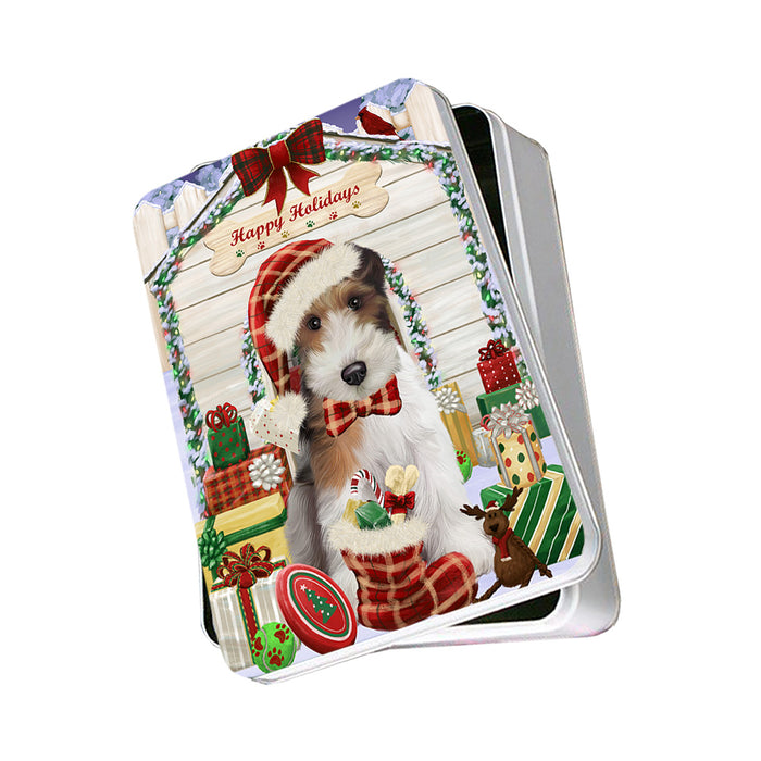 Happy Holidays Christmas Wire Fox Terrier Dog With Presents Photo Storage Tin PITN52700