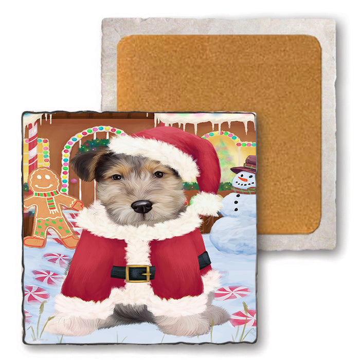 Christmas Gingerbread House Candyfest Wire Fox Terrier Dog Set of 4 Natural Stone Marble Tile Coasters MCST51602