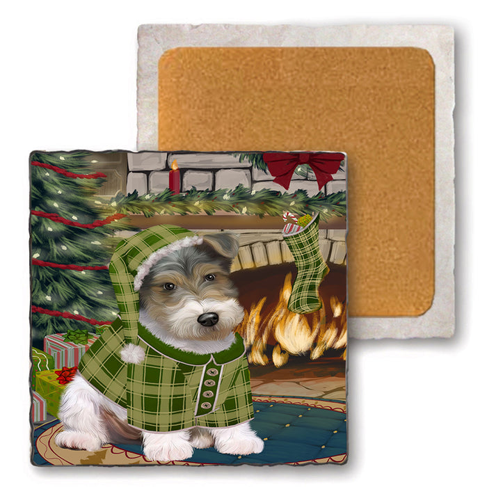 The Stocking was Hung Wire Fox Terrier Dog Set of 4 Natural Stone Marble Tile Coasters MCST50664