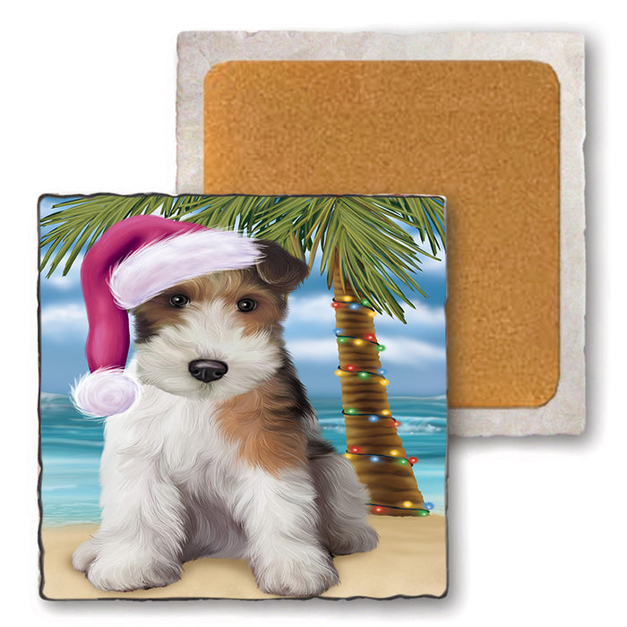 Summertime Happy Holidays Christmas Wire Fox Terrier Dog on Tropical Island Beach Set of 4 Natural Stone Marble Tile Coasters MCST49471