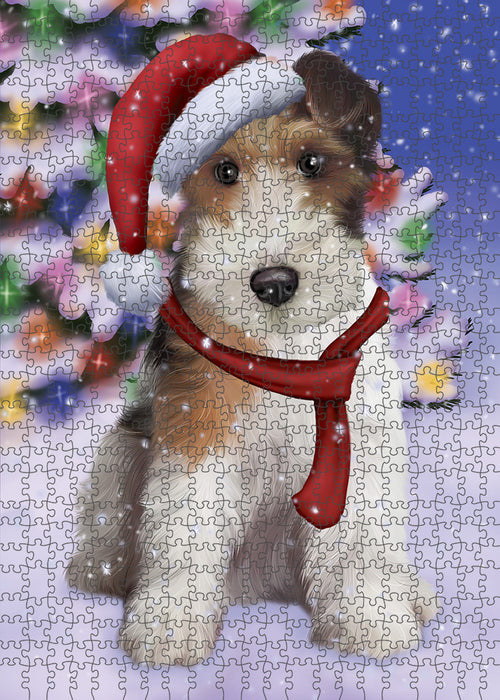 Winterland Wonderland Wire Fox Terrier Dog In Christmas Holiday Scenic Background Puzzle with Photo Tin PUZL82320