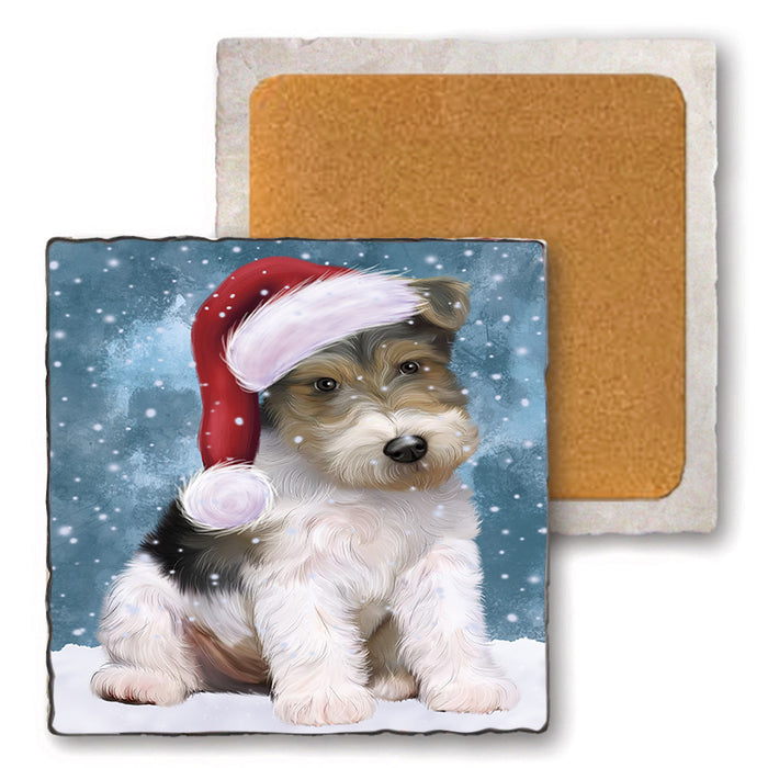 Let it Snow Christmas Holiday Wire Fox Terrier Dog Wearing Santa Hat Set of 4 Natural Stone Marble Tile Coasters MCST49337