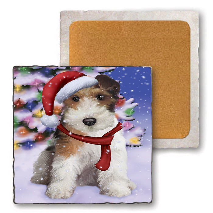 Winterland Wonderland Wire Fox Terrier Dog In Christmas Holiday Scenic Background Set of 4 Natural Stone Marble Tile Coasters MCST48791