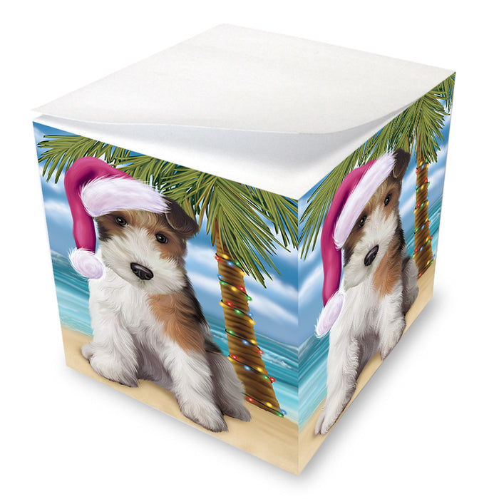 Summertime Happy Holidays Christmas Wire Fox Terrier Dog on Tropical Island Beach Note Cube NOC56117