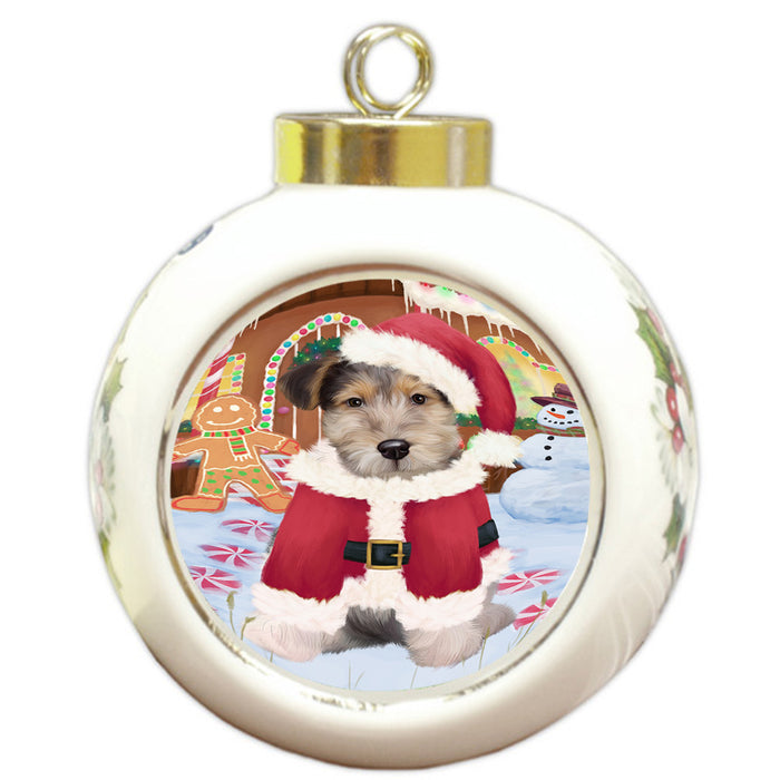 Christmas Gingerbread House Candyfest Wire Fox Terrier Dog Round Ball Christmas Ornament RBPOR56958