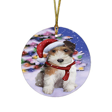 Winterland Wonderland Wire Fox Terrier Dog In Christmas Holiday Scenic Background Round Flat Christmas Ornament RFPOR53782