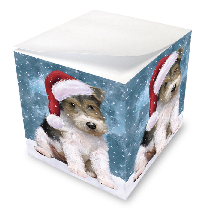 Let it Snow Christmas Holiday Wire Fox Terrier Dog Wearing Santa Hat Note Cube NOC55983