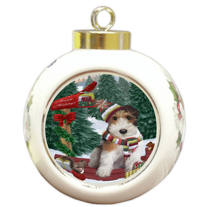 Merry Christmas Woodland Sled Wire Fox Terrier Dog Round Ball Christmas Ornament RBPOR55431
